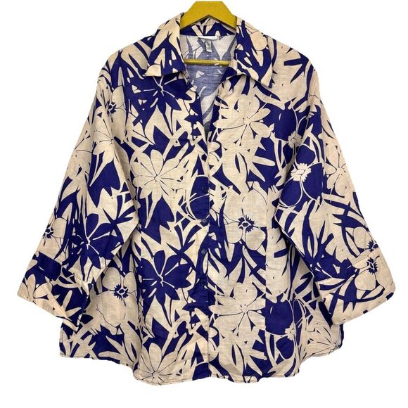 NWOT Harve Benard Linen Blend Floral Button Down Shirt 2X 3/4 Sleeves Hibiscus - Picture 1 of 8
